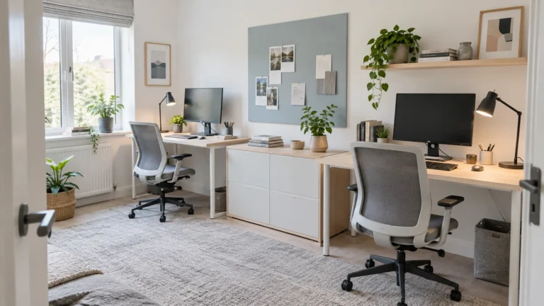 Small Scandinavian home office with two birch desks and a clear doorway route