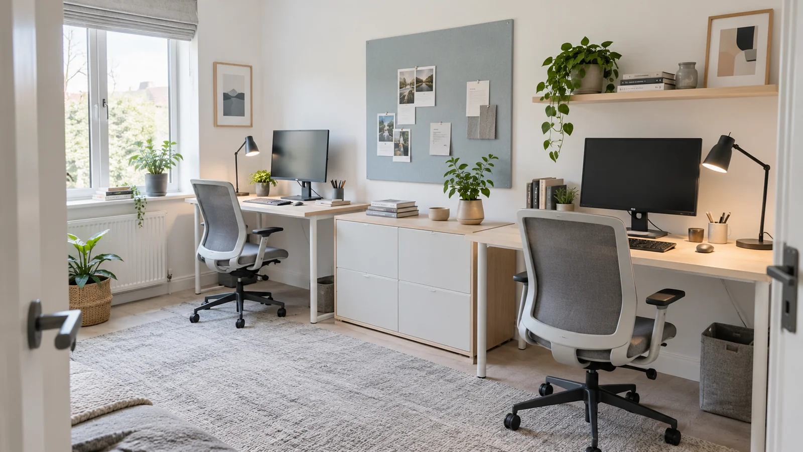 Small Scandinavian home office with two birch desks and a clear doorway route