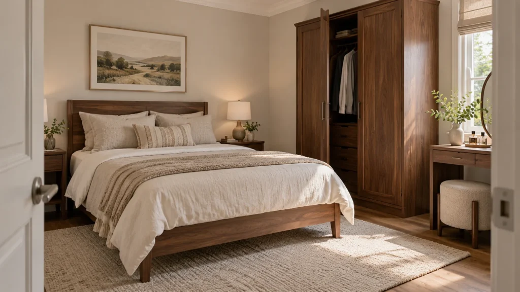 Small bedroom vanity layout showing bed wardrobe and clear stool route
