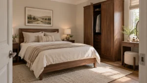 Small bedroom vanity layout showing bed wardrobe and clear stool route