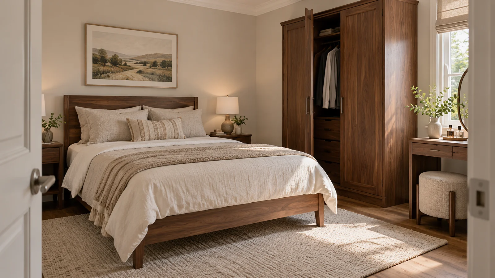 Small bedroom vanity layout showing bed wardrobe and clear stool route
