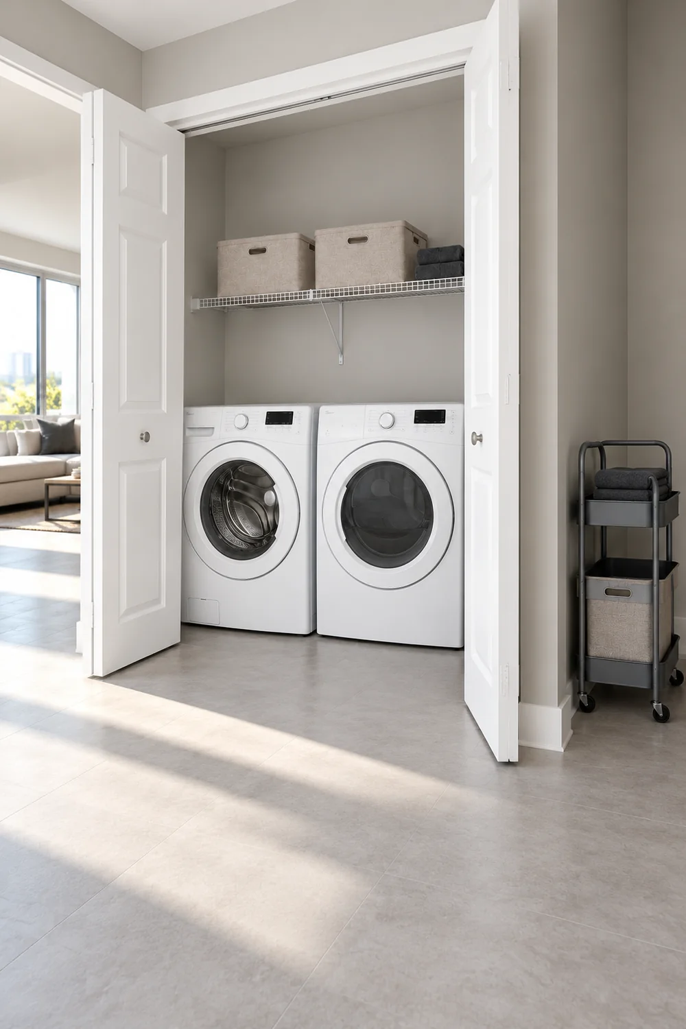 Small dark utility cart with folded cloths in a separate nook outside the laundry closet