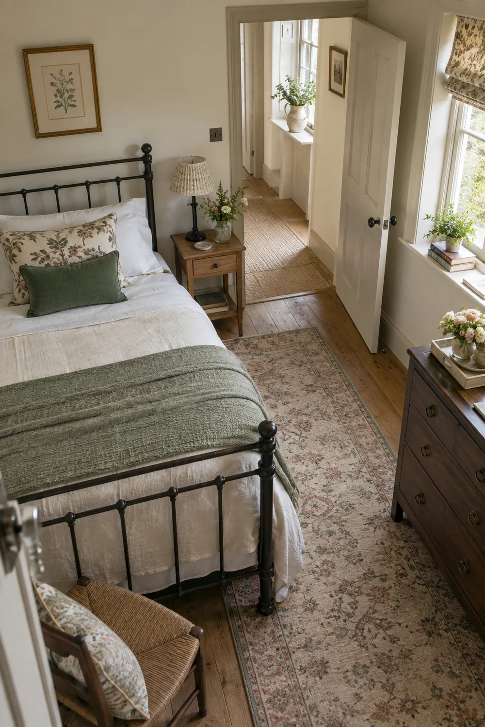 Small guest room with open door and visible unobstructed walking route beside iron bed