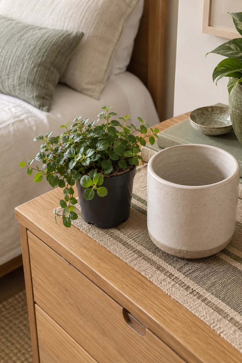Small leafy plant in a nursery pot beside an empty cream planter on a bedroom chest