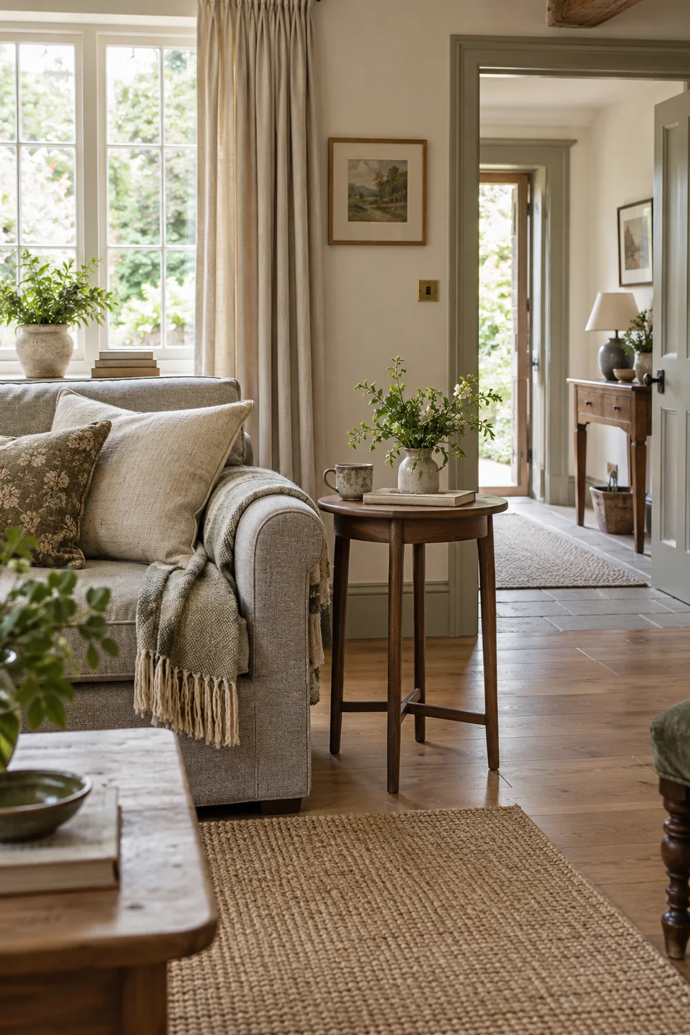 Small round wooden side table beside a grey cottage sofa and clear doorway