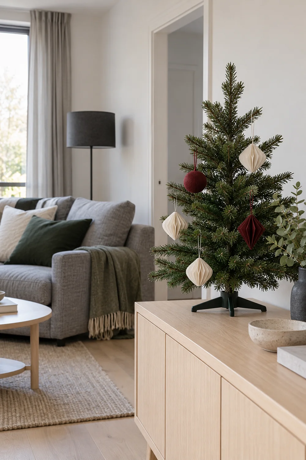 Small tabletop Christmas tree with a visible base on an ash sideboard