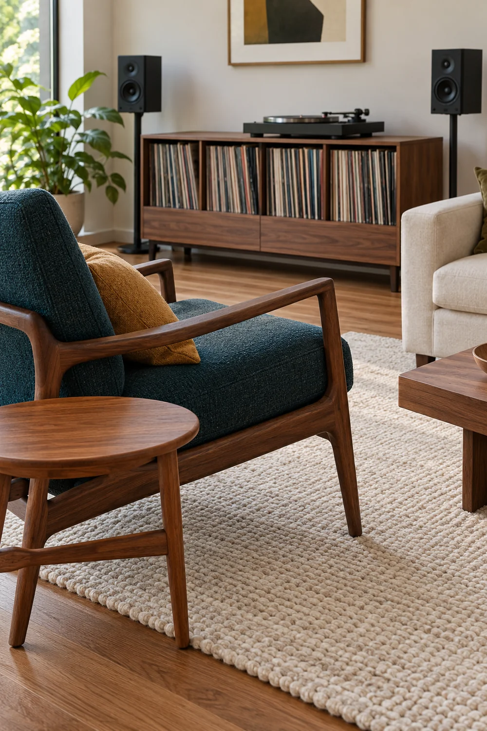 Small teak side table beside a petrol chair and a walnut record cabinet