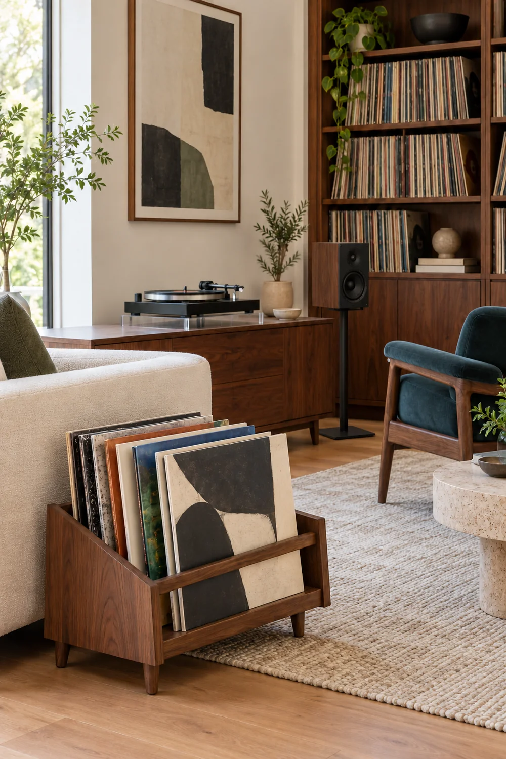 Small walnut record rack beside a cream sofa and a larger record collection