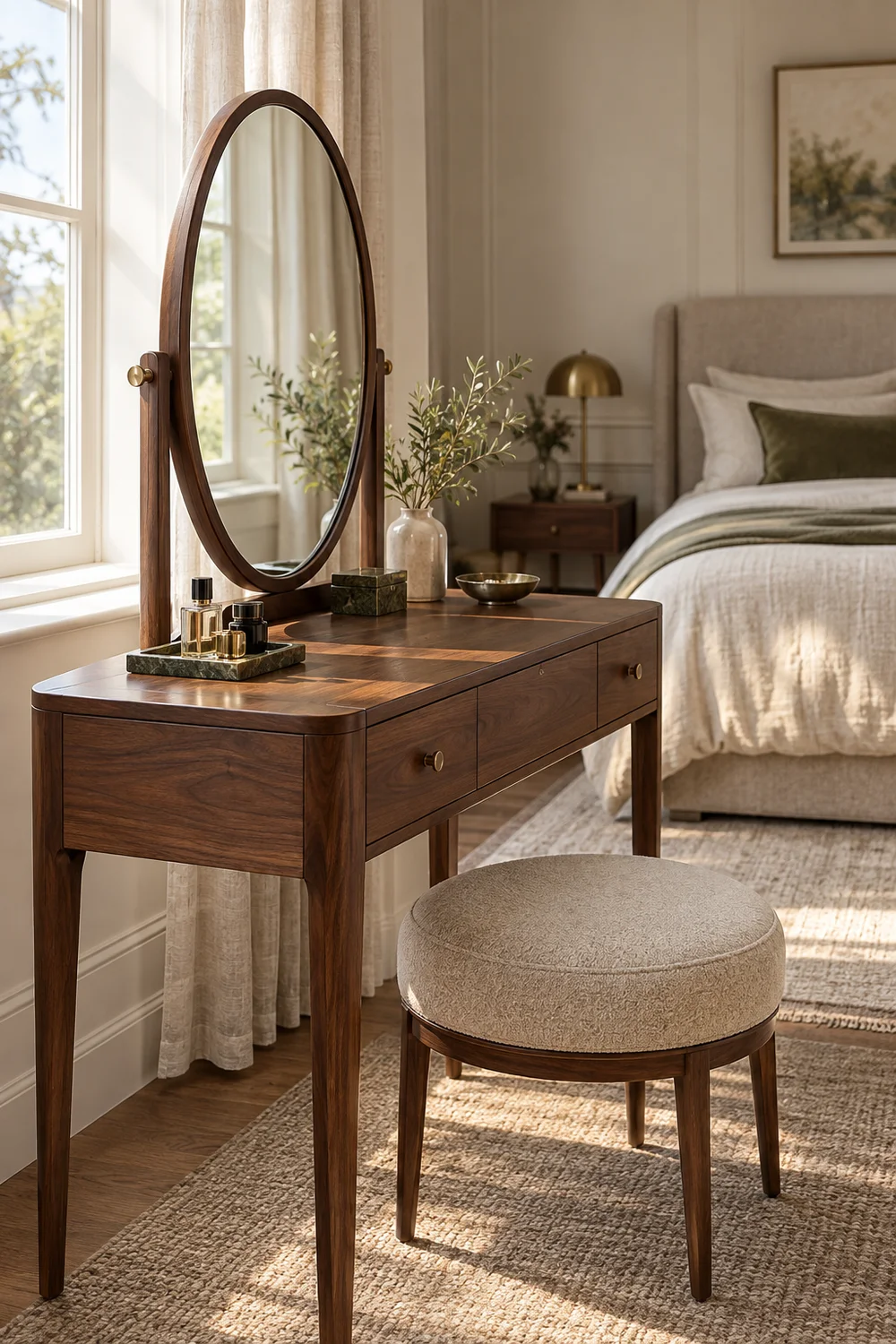Soft daylight reaching vanity mirror from side window