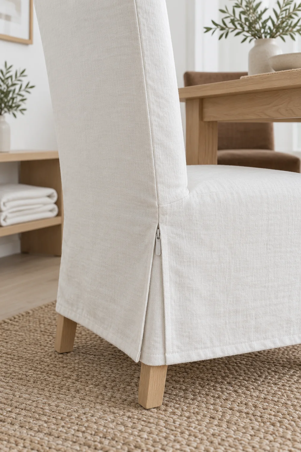 Soft white dining chair slipcover seam beside a beech table and a folded spare cover