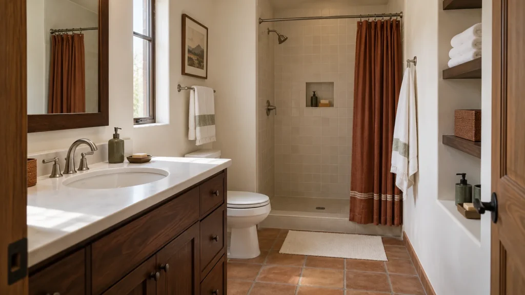 Southwestern bathroom with walnut vanity rust curtain white towels and green soap dispensers