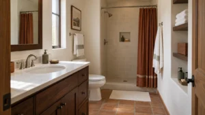 Southwestern bathroom with walnut vanity rust curtain white towels and green soap dispensers
