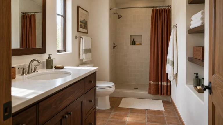 Southwestern bathroom with walnut vanity rust curtain white towels and green soap dispensers