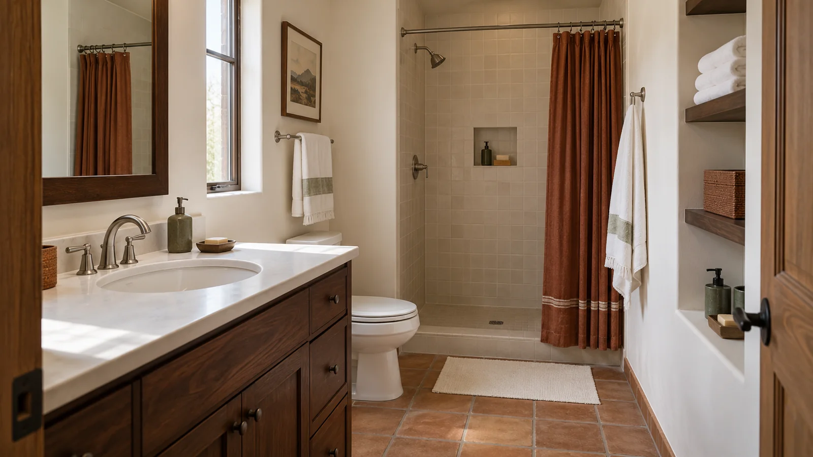 Southwestern bathroom with walnut vanity rust curtain white towels and green soap dispensers