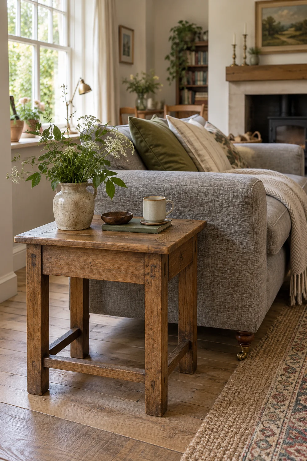 Square wooden side table beside a grey sofa and olive cushions