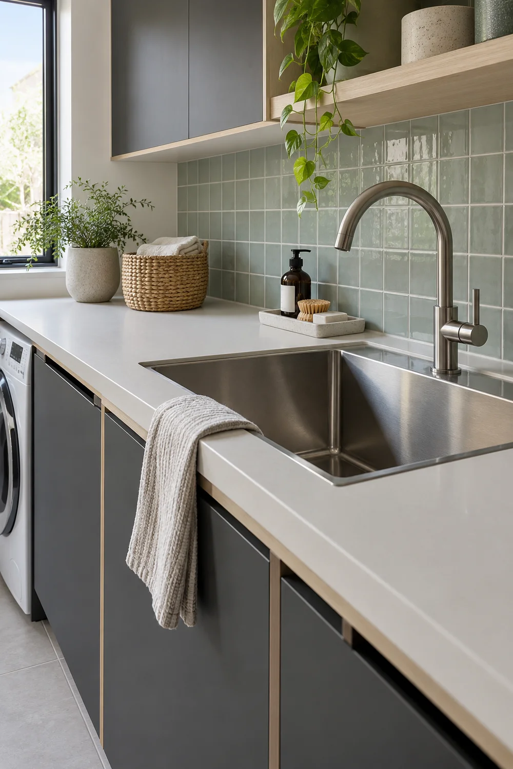 Stainless utility sink set into a pale counter below celadon tiles