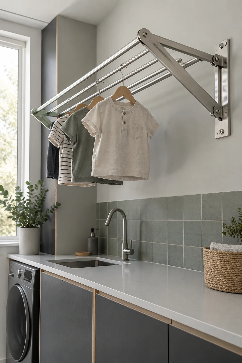 Stainless wall drying rack with visible brackets and small shirts on hangers
