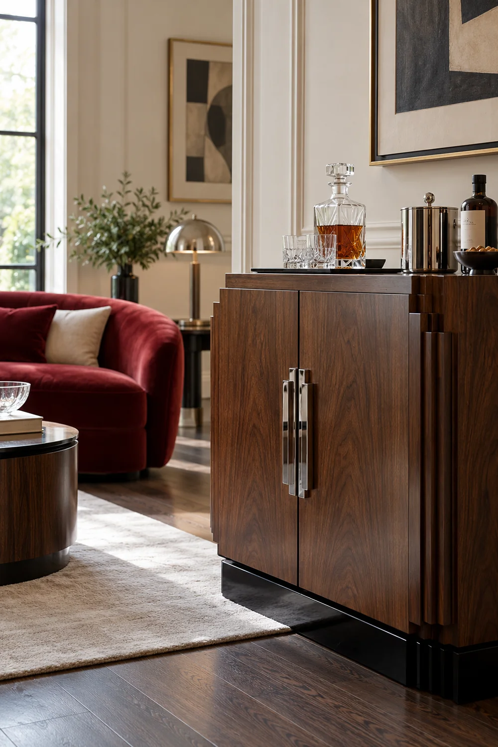 Stepped walnut cabinet doors with chrome handles beside red velvet seating