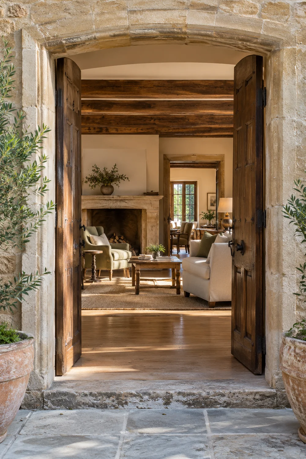 Stone entrance framing a sequence of furnished hotel sitting rooms