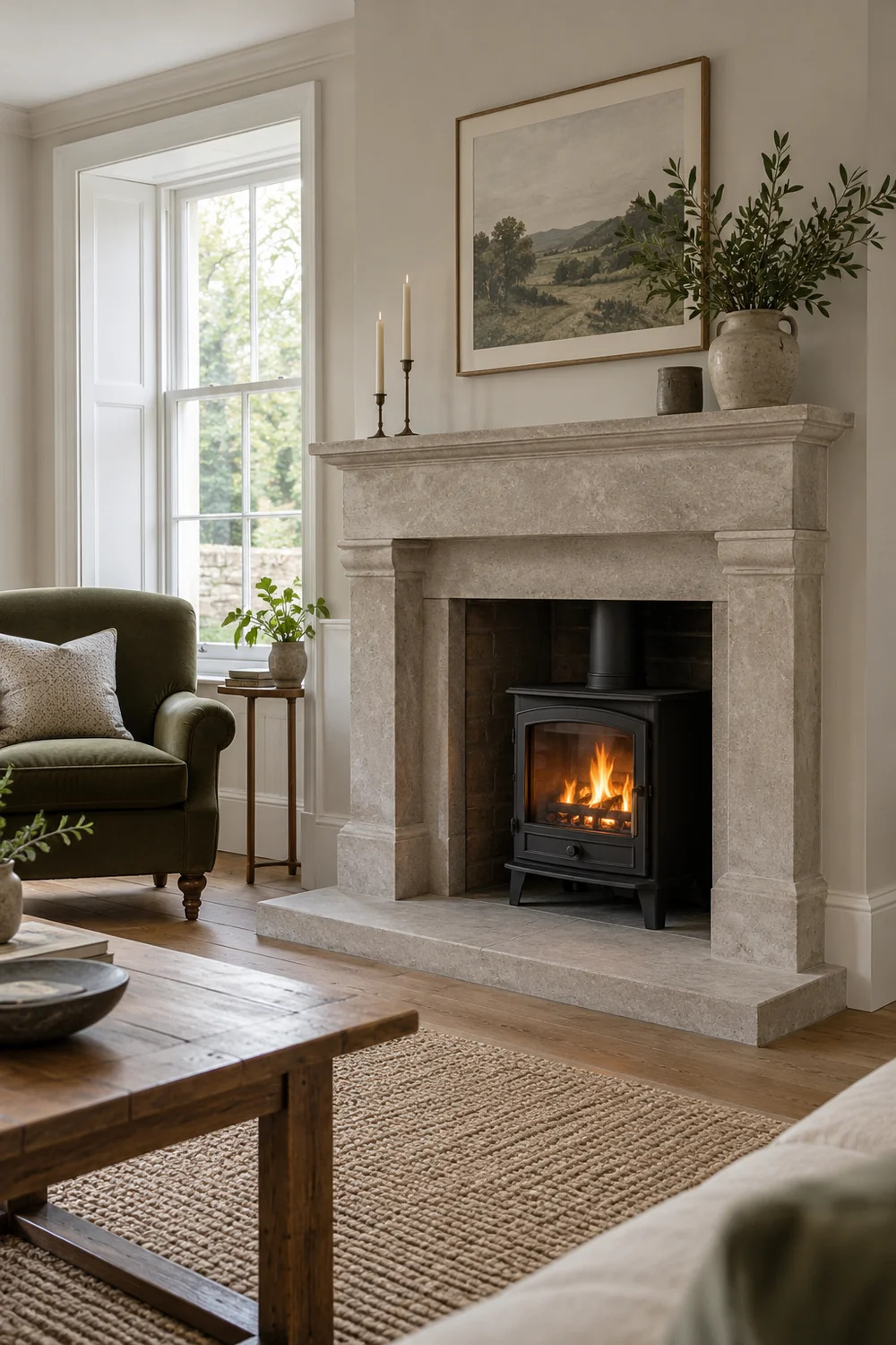 Stone fireplace beside an olive armchair and a sash window