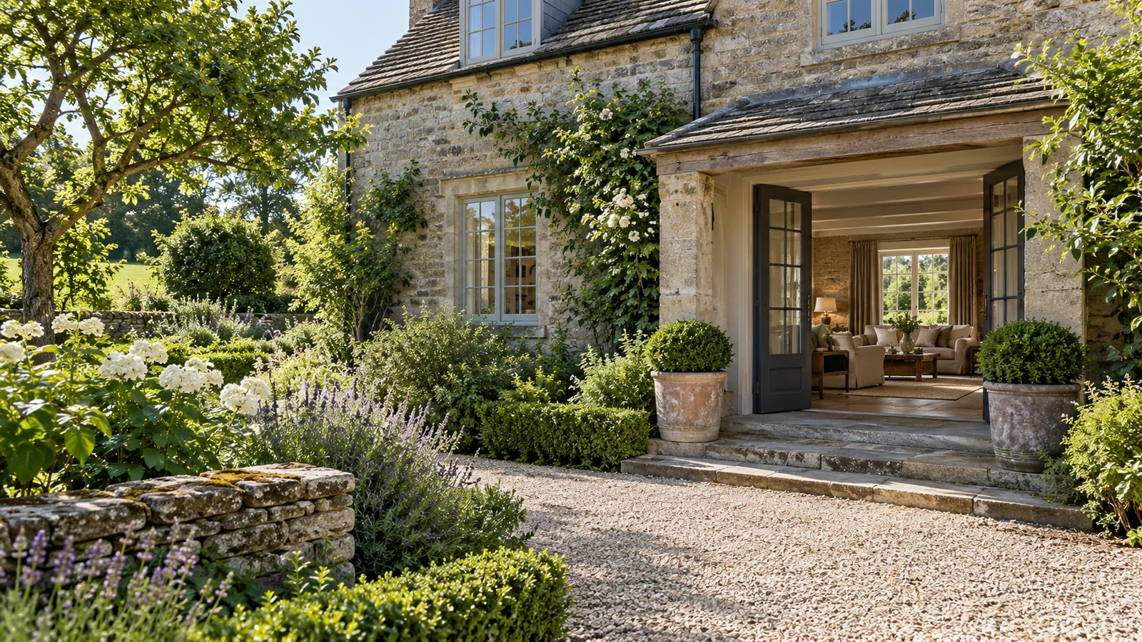 Stone hotel entrance opening toward a sitting room beside a planted gravel approach