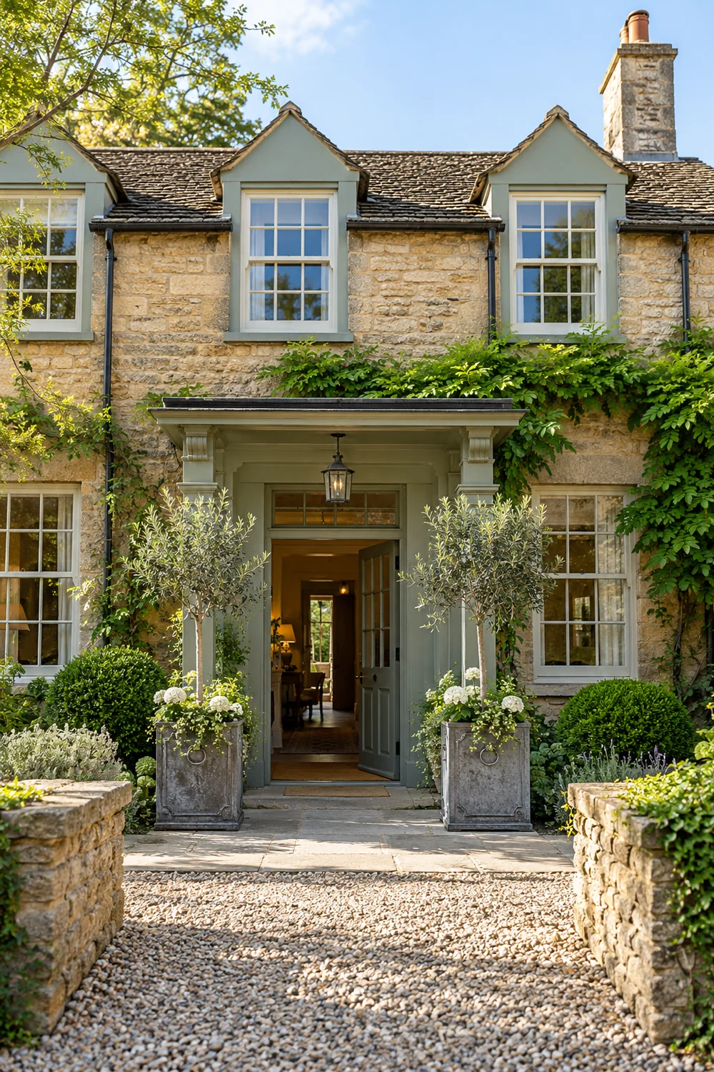 Stone hotel frontage with an open painted entrance door and planted approach