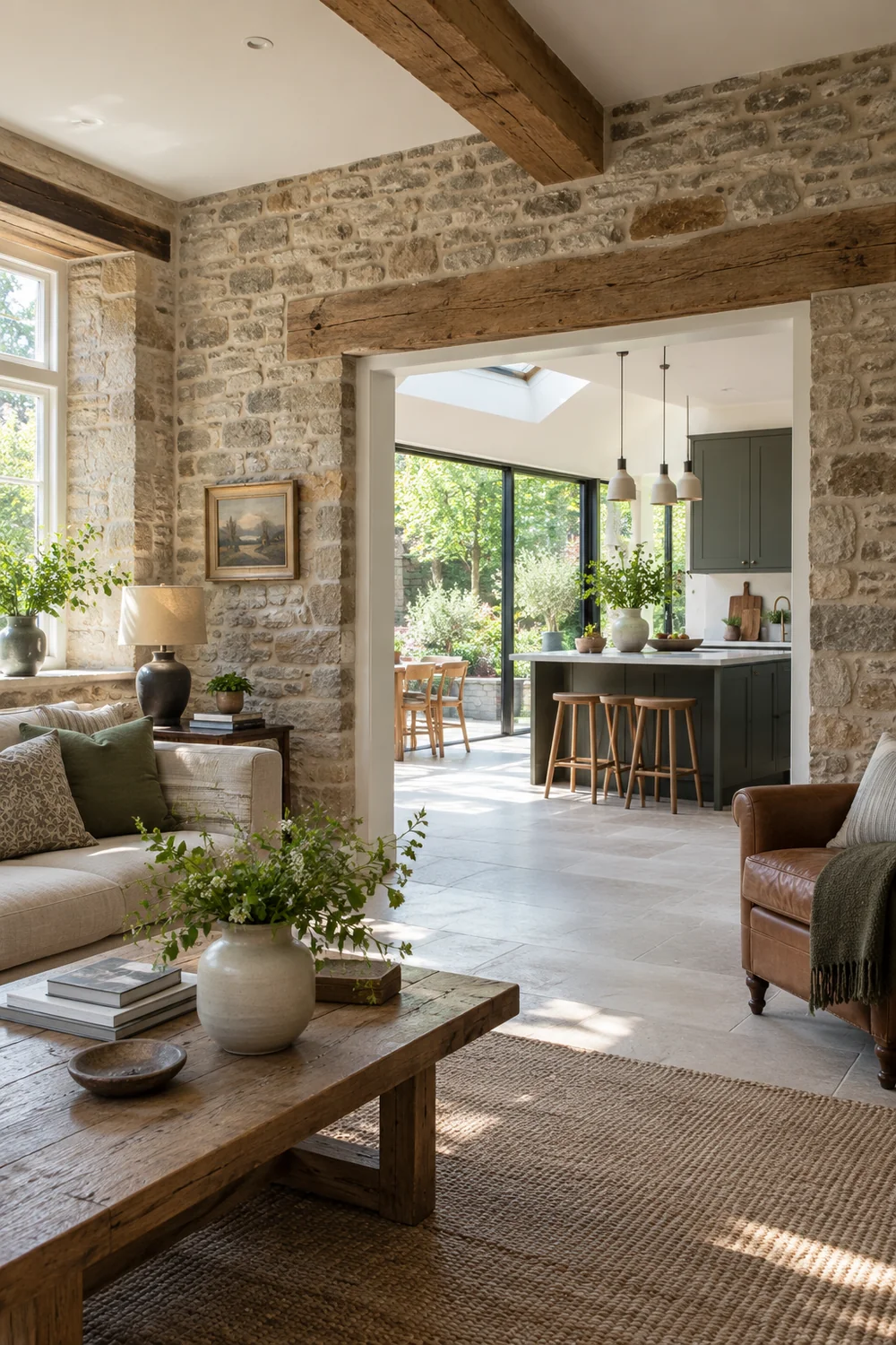 Stone sitting room opening into a contemporary kitchen