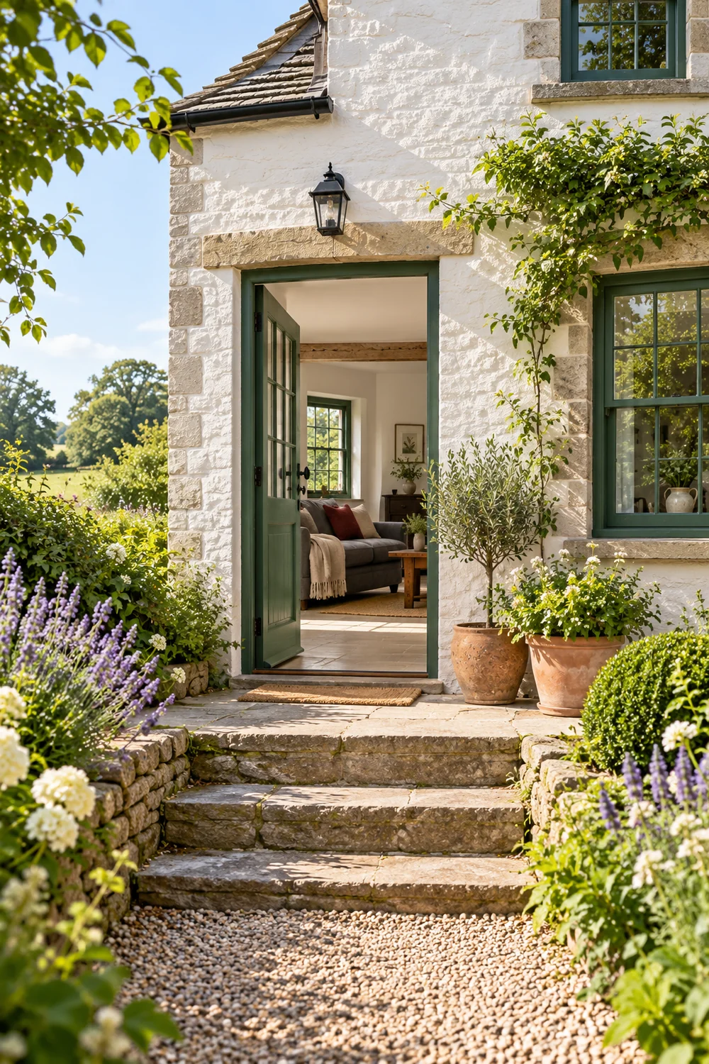 Stone steps leading to an open green cottage entrance