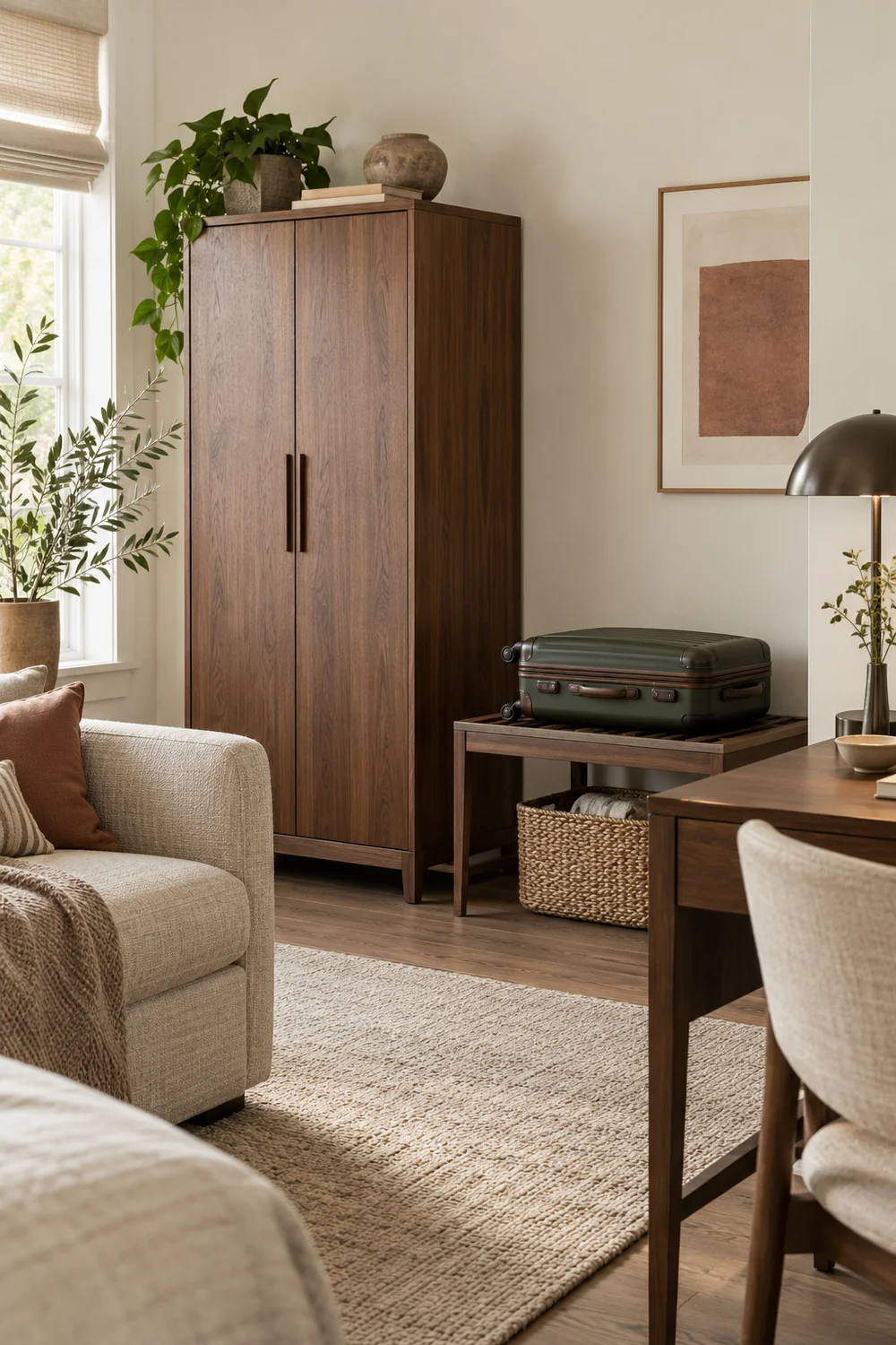 Suitcase on a low walnut surface beside closed storage and a working desk