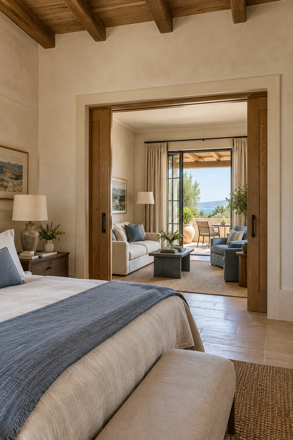 Suite bedroom looking through a sitting room toward a terrace