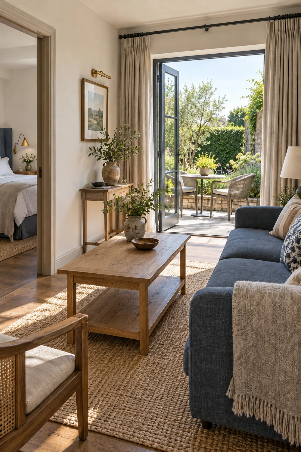 Suite sitting area with a blue sofa between a bedroom doorway and terrace doors