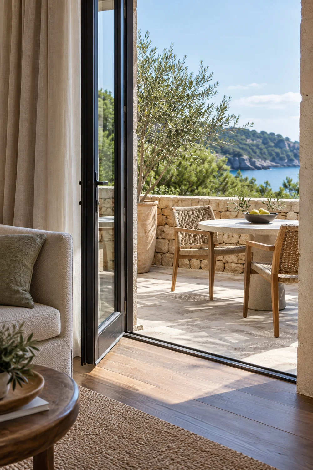 Suite terrace threshold showing a door frame timber floor and outdoor stone boundary