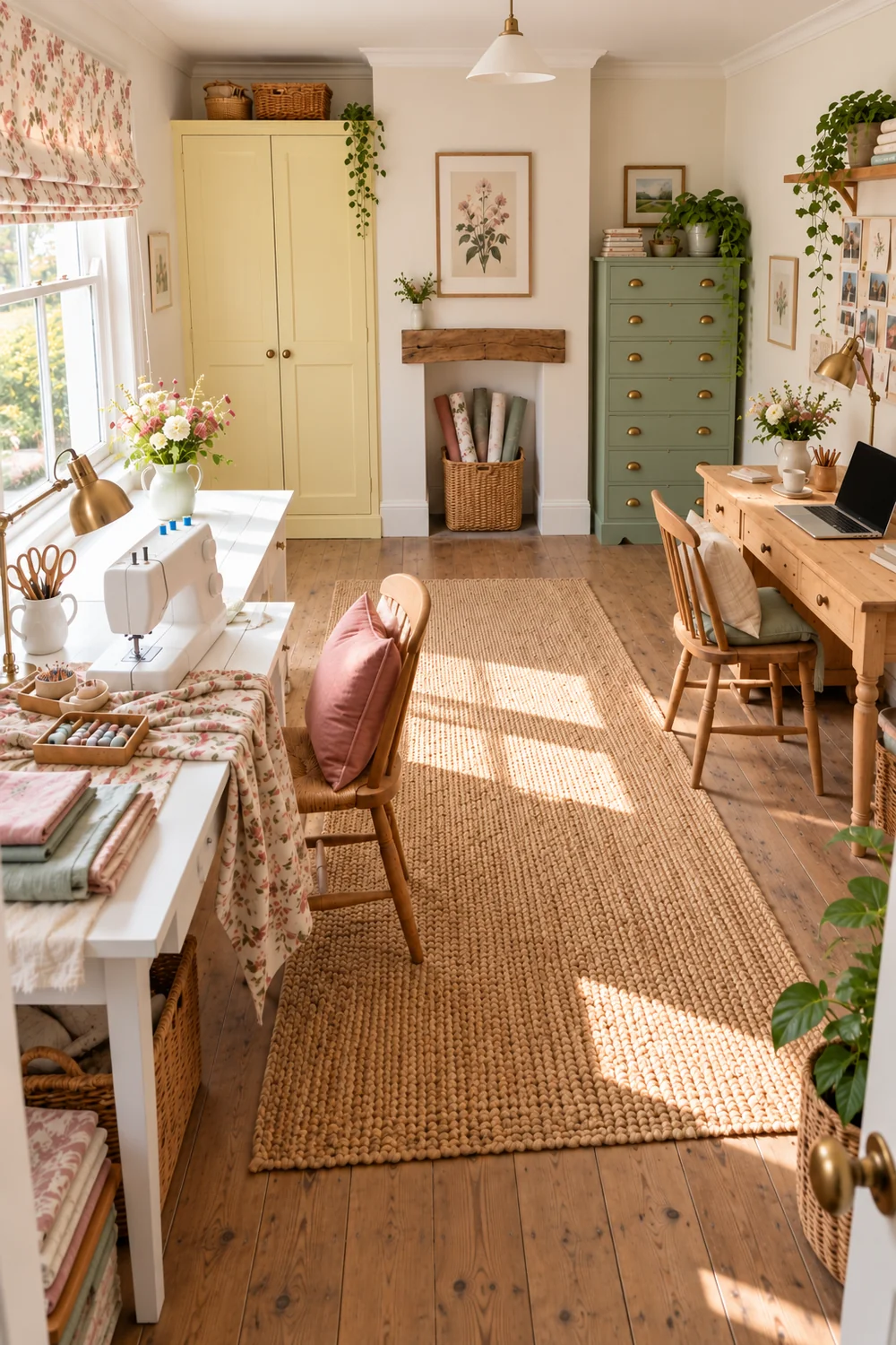 Sunlit cottage office with a sewing table beside a pine computer desk