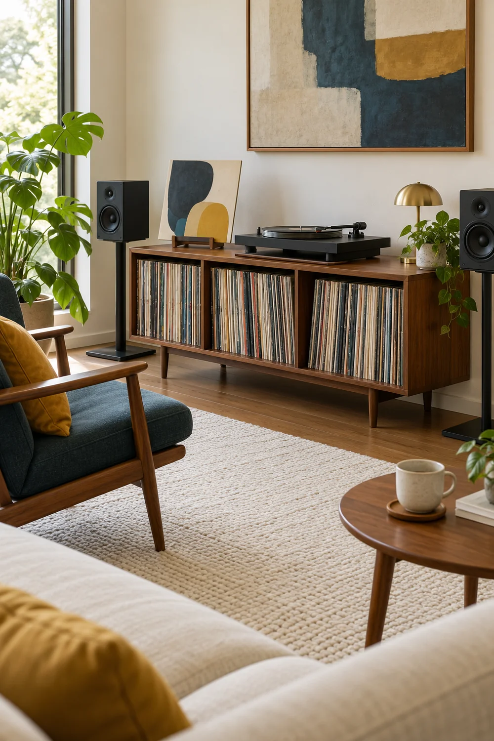 Supported abstract record sleeve beside a clear turntable surface