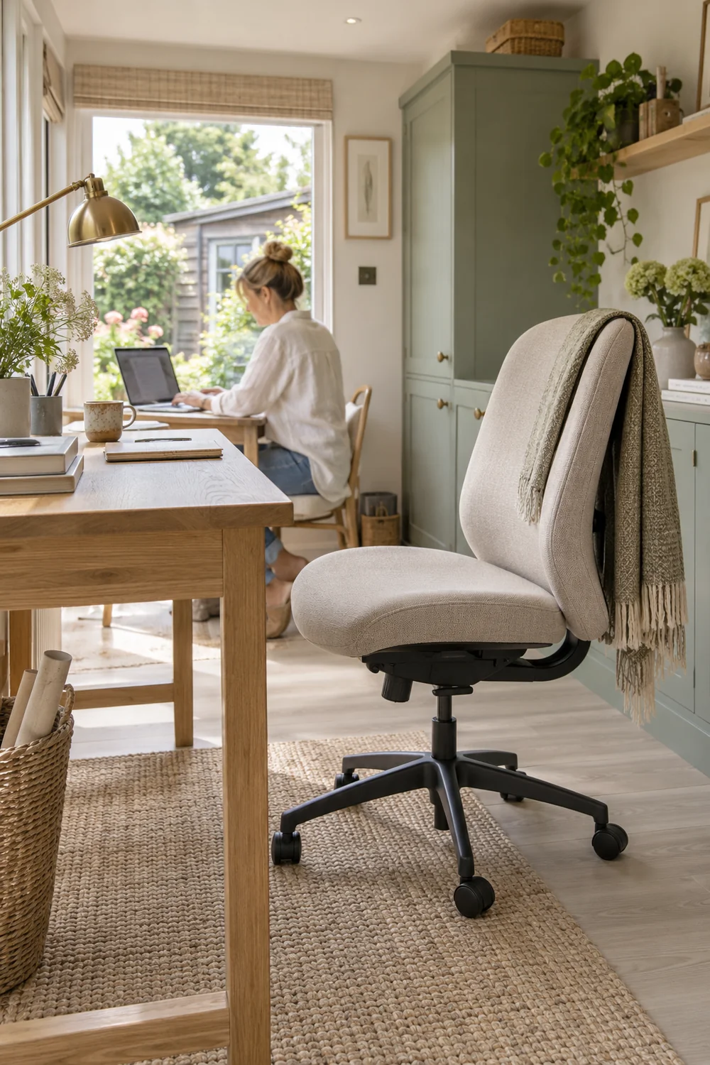 Supportive office chair pulled back from an oak desk