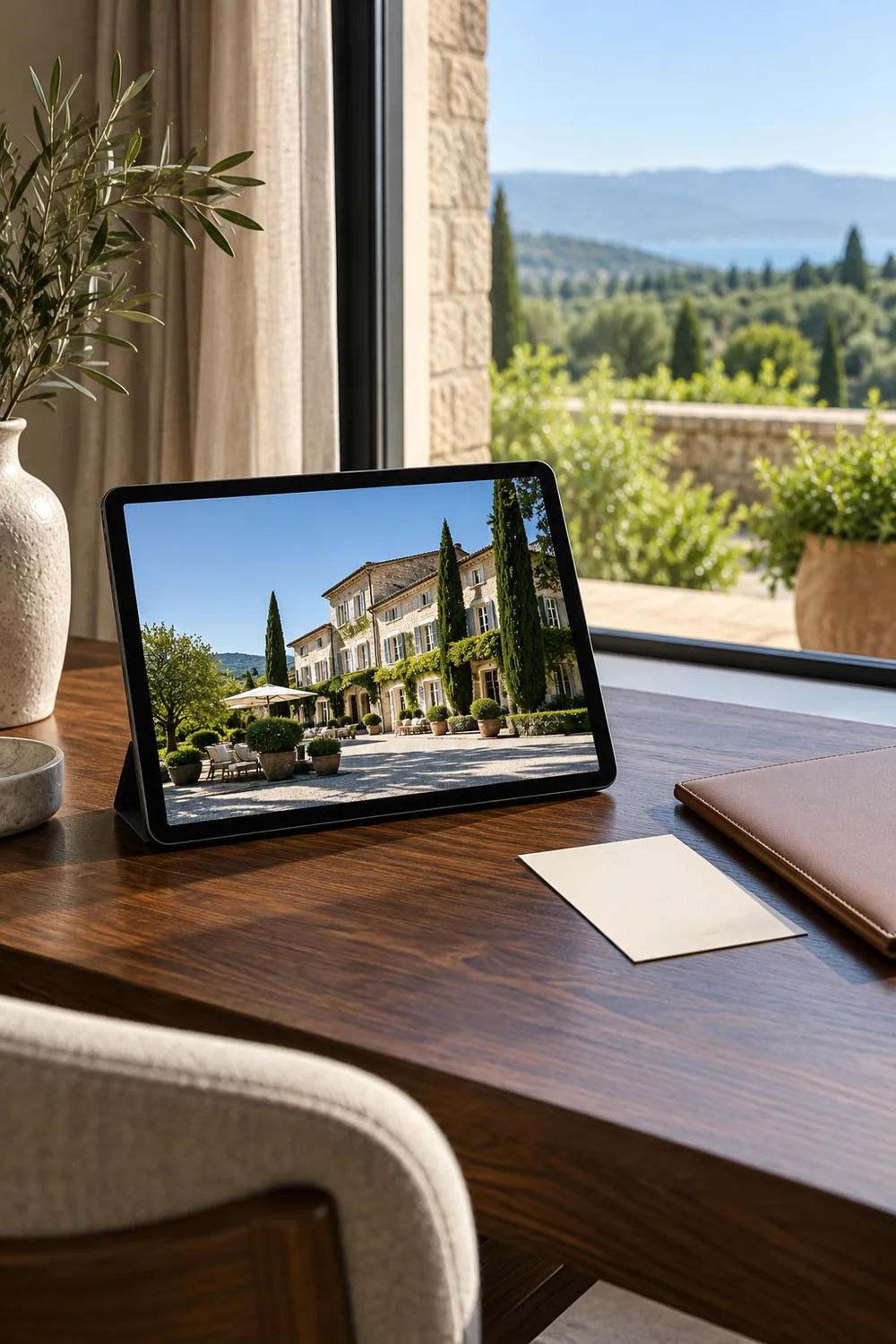 Tablet showing a hotel exterior beside a blank card and closed folder