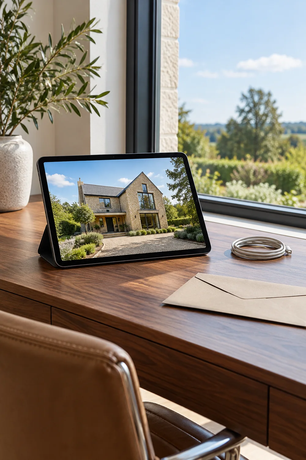 Tablet showing a house beside a coiled cable and notebook