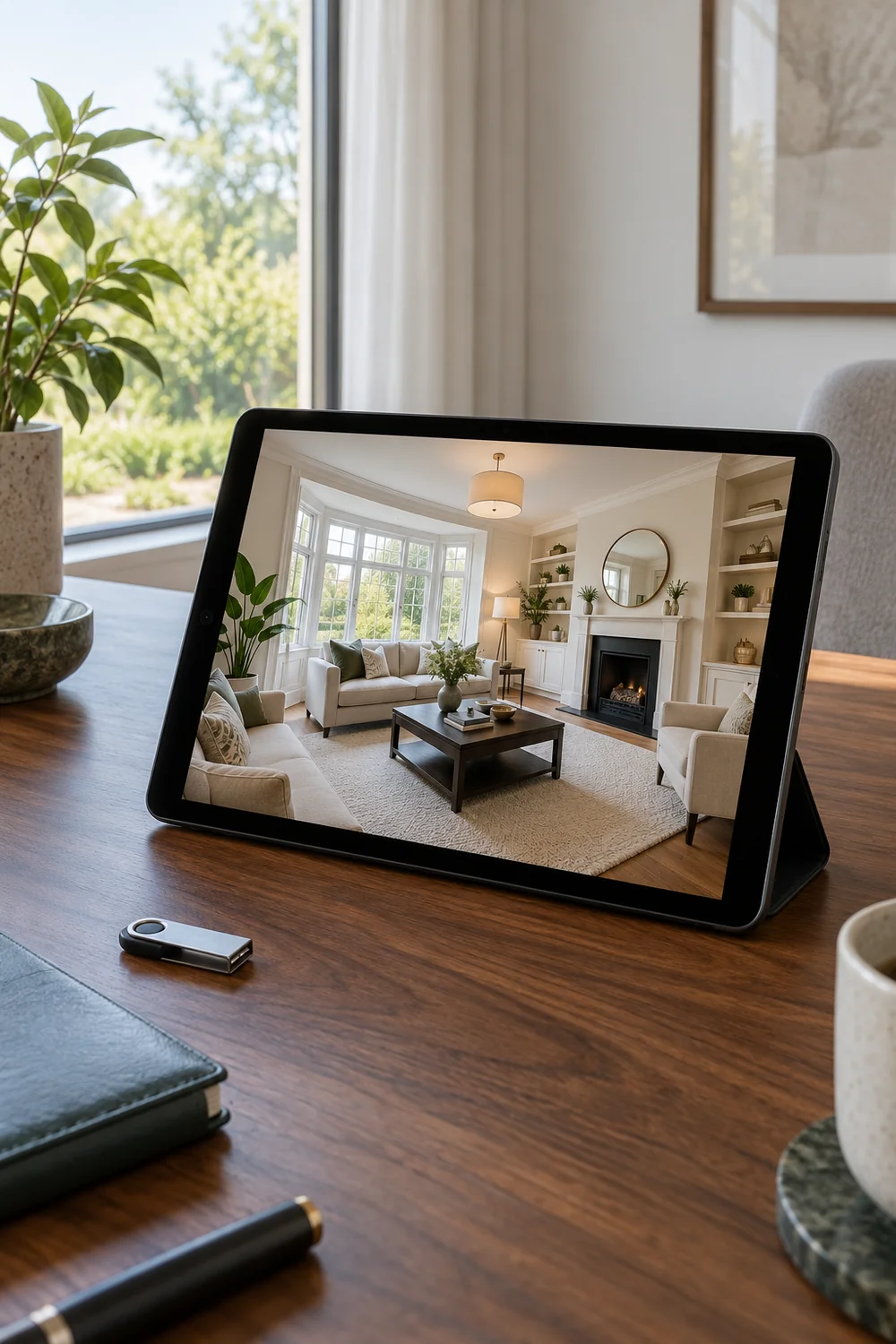 Tablet showing a living room beside a USB drive