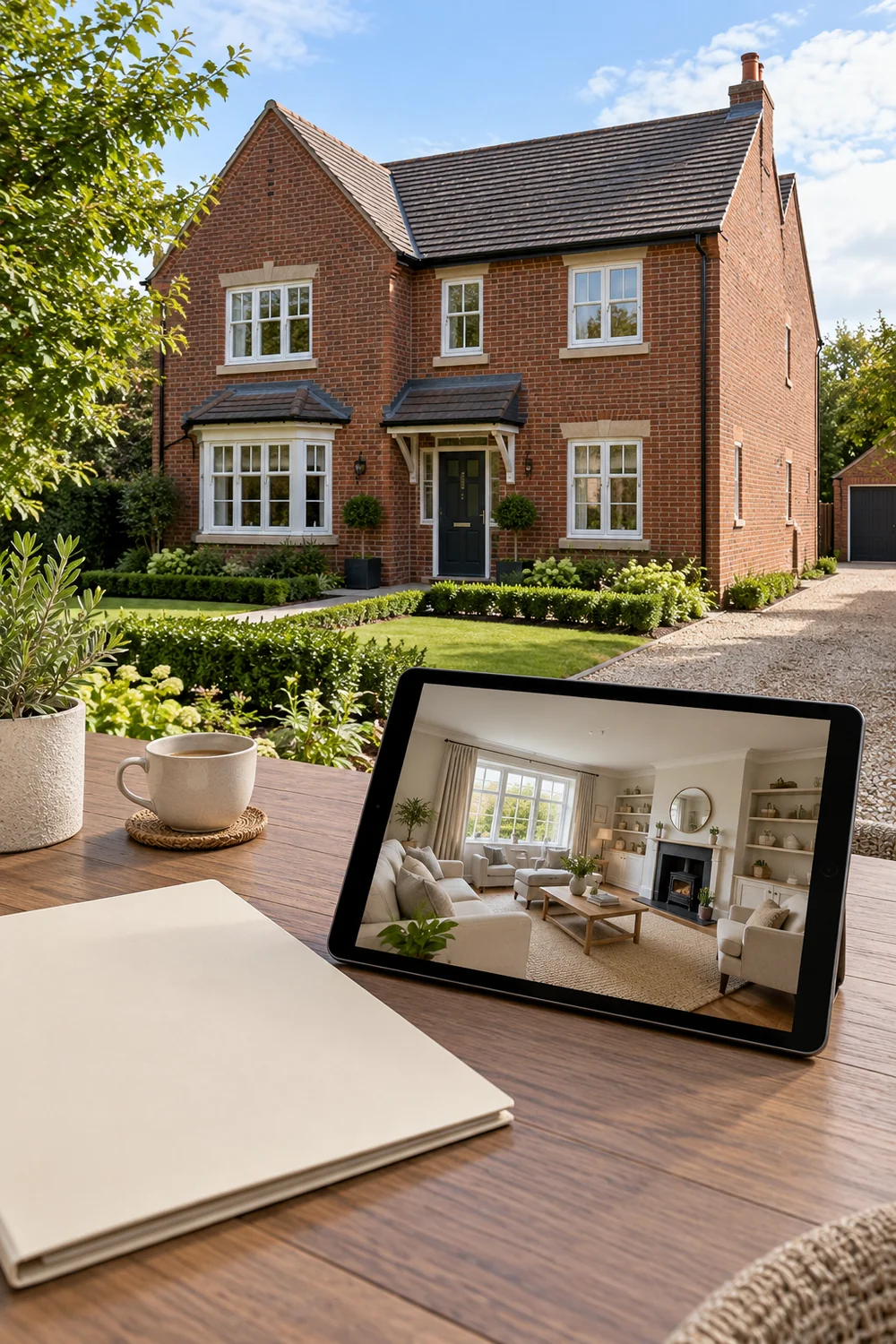Tablet showing a living room beside a house exterior photograph and cream folder