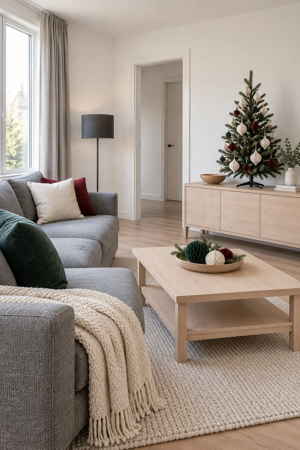 Tabletop Christmas tree on an ash sideboard beside grey seating