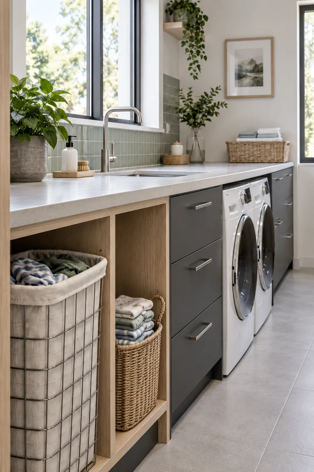 Tall cloth hamper and shallow basket of folded clothes in separate cabinet bays