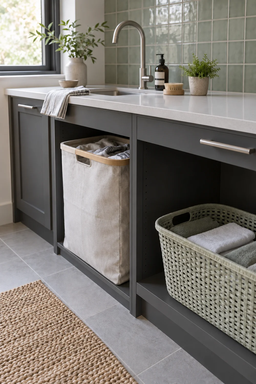 Tall cloth lined hamper and shallow woven basket in charcoal cabinet bays