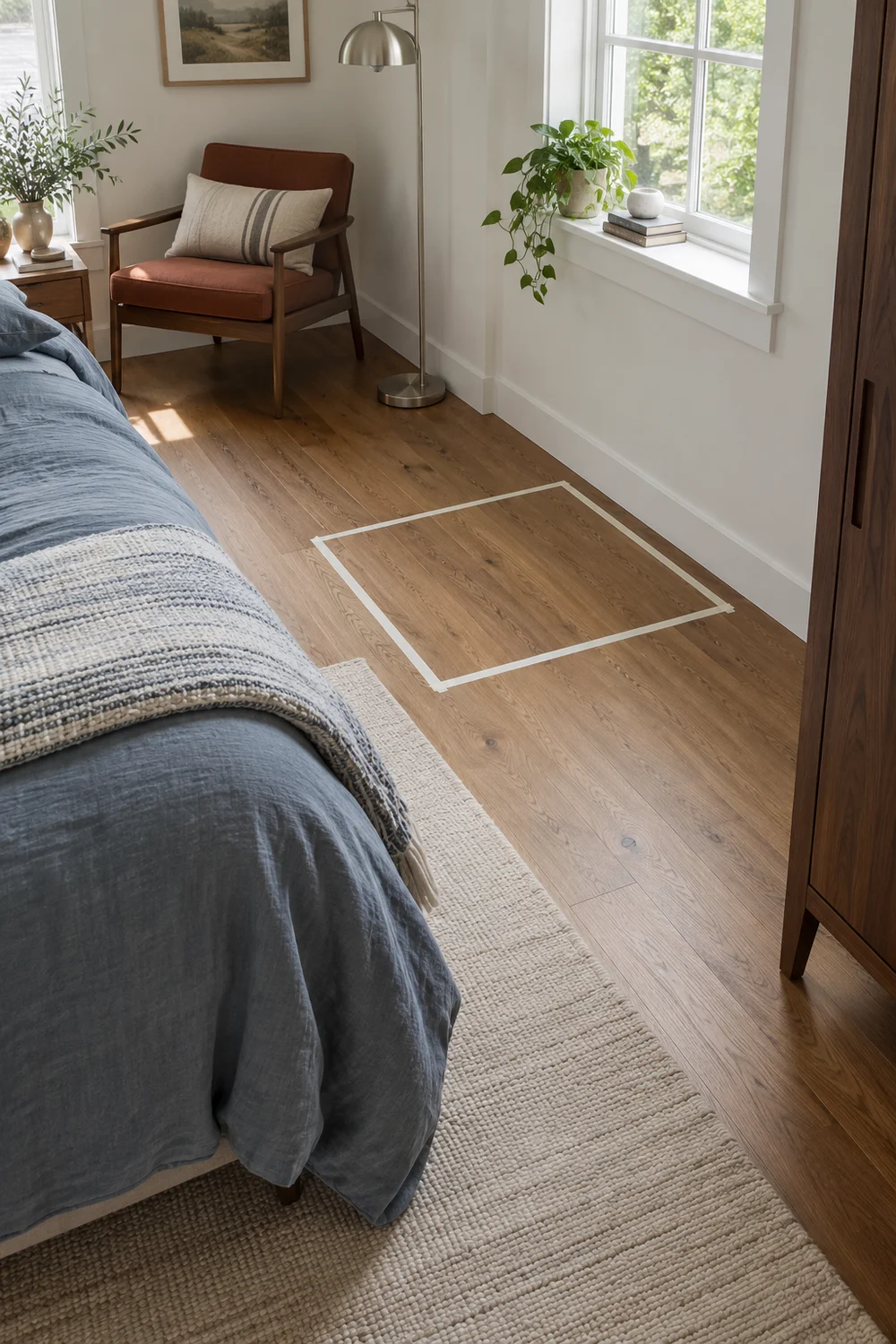 Tape outline marking a reading chair footprint beside a bedroom bed