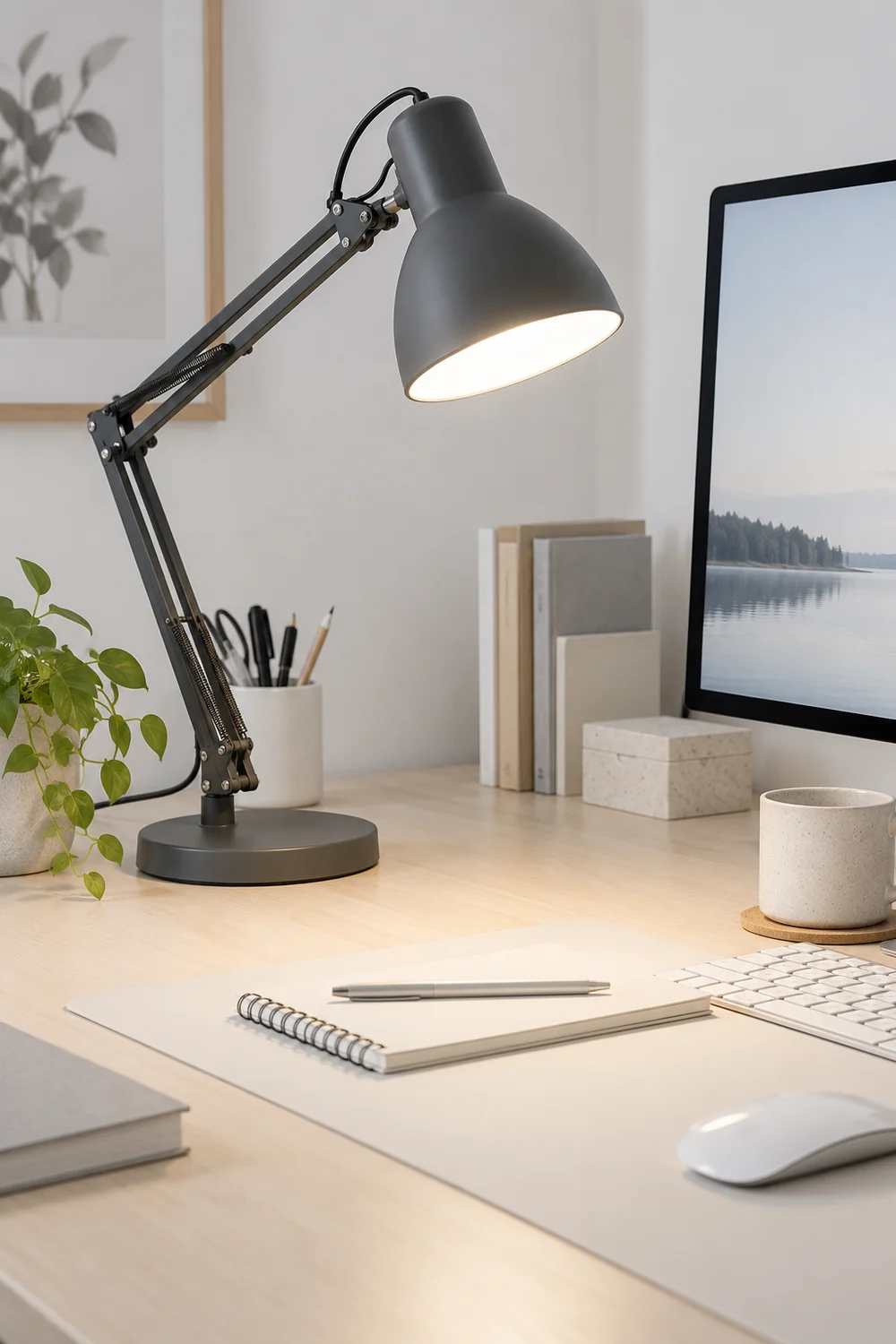 Task lamp adjusted beside one screen after a shared office review