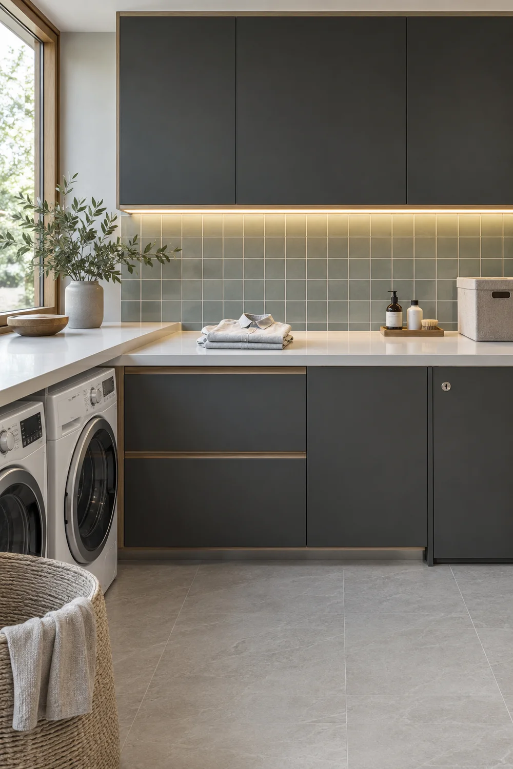 Task lighting beneath charcoal upper cabinets above a pale folding counter