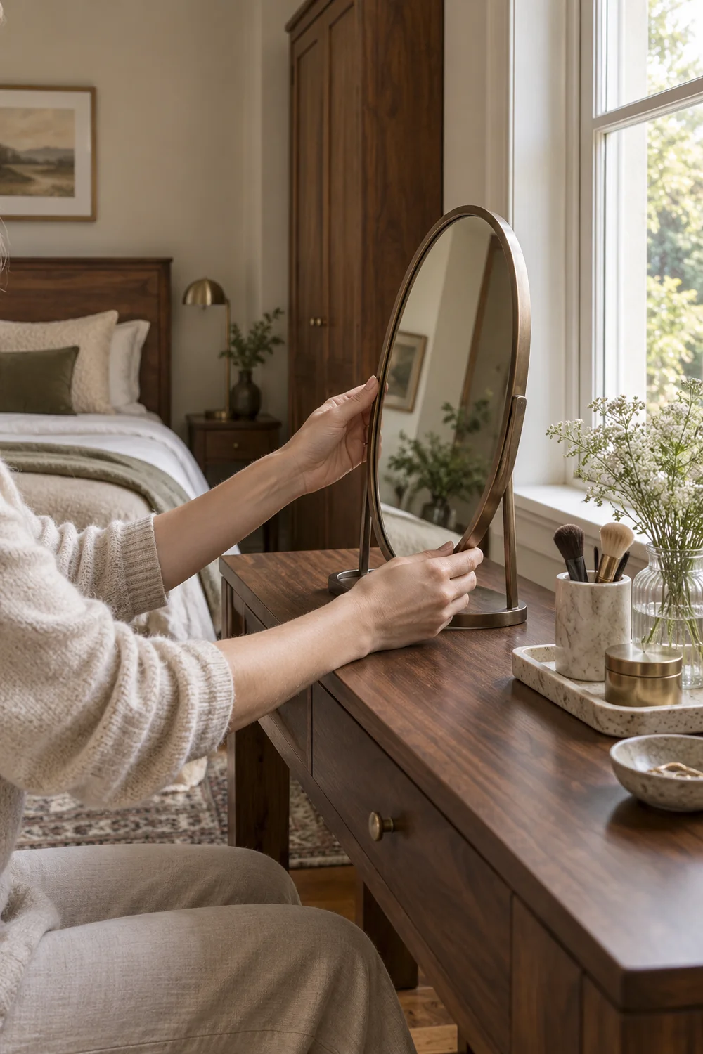 Temporary mirror held at seated height beside bedroom window