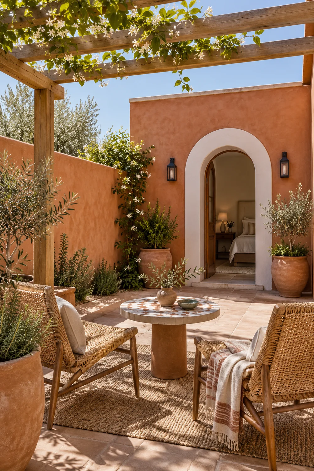Terracotta courtyard with woven chairs and an arched bedroom doorway