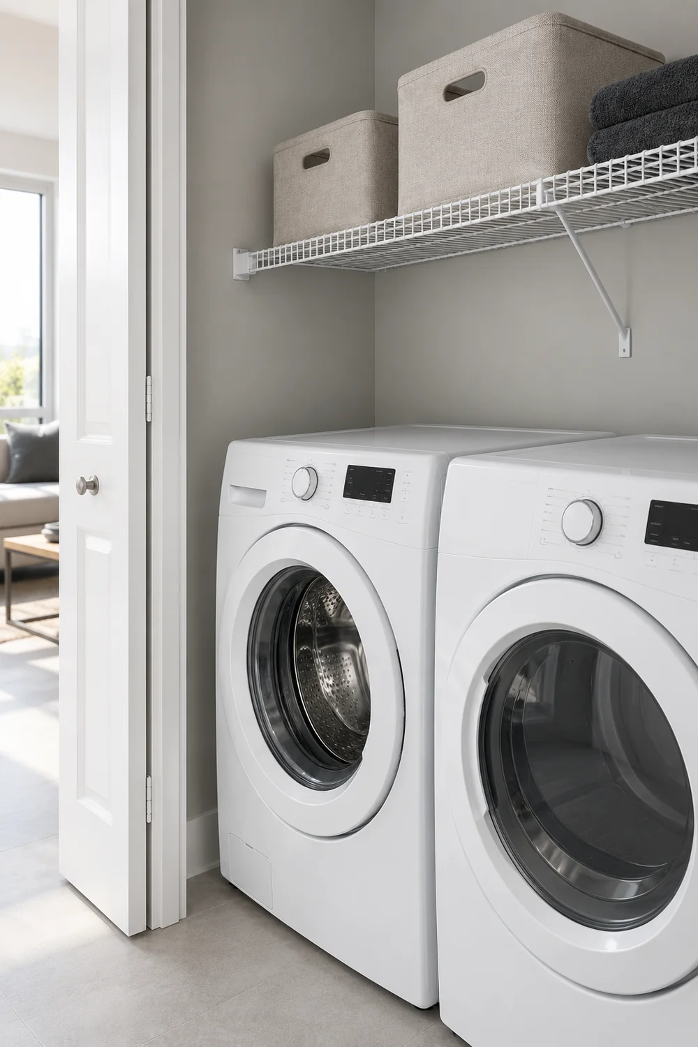 Textured fabric storage on a white wire shelf above a white washer in pale grey surroundings