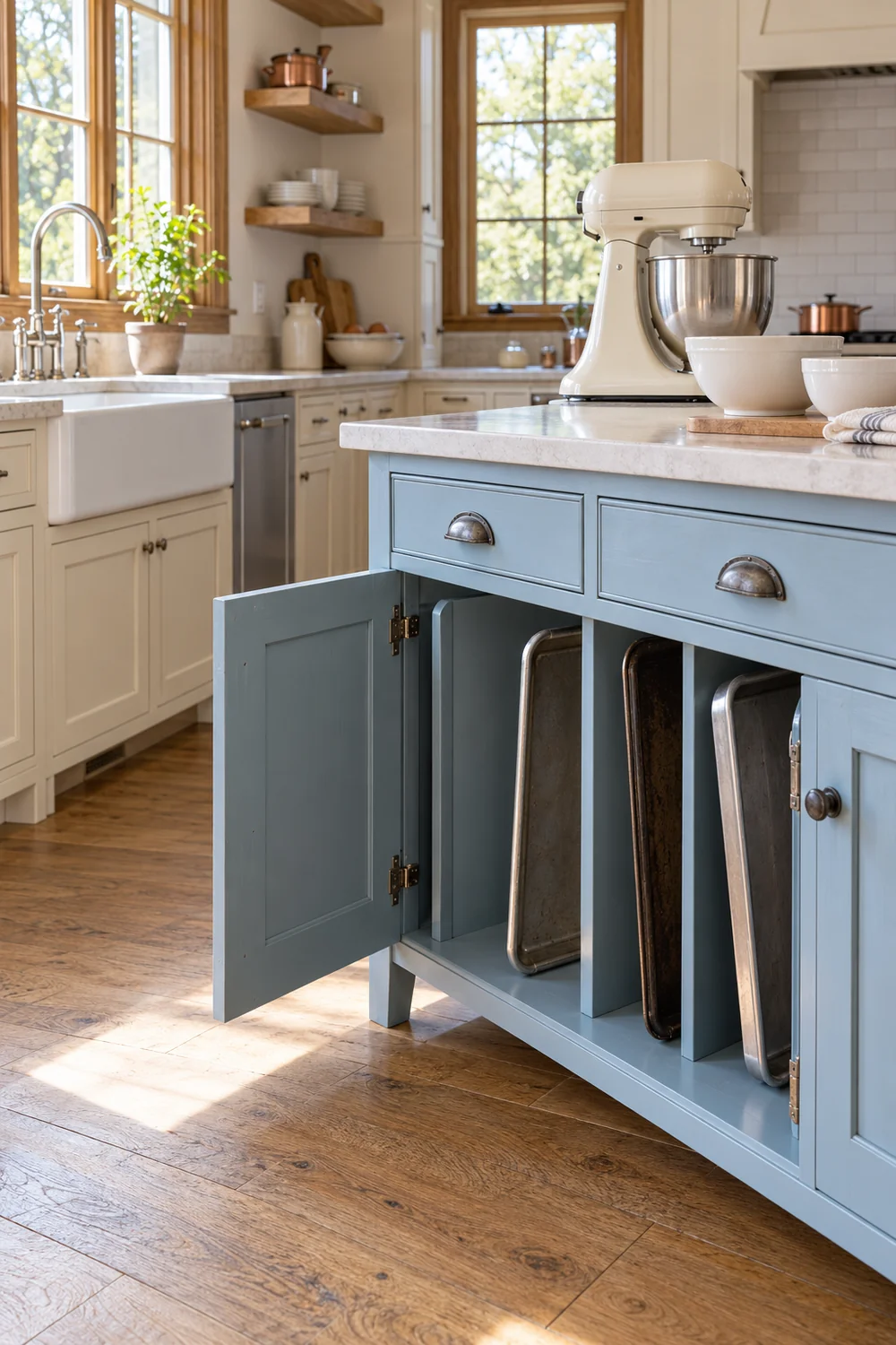 Three baking trays stored separately in vertical blue cabinet dividers