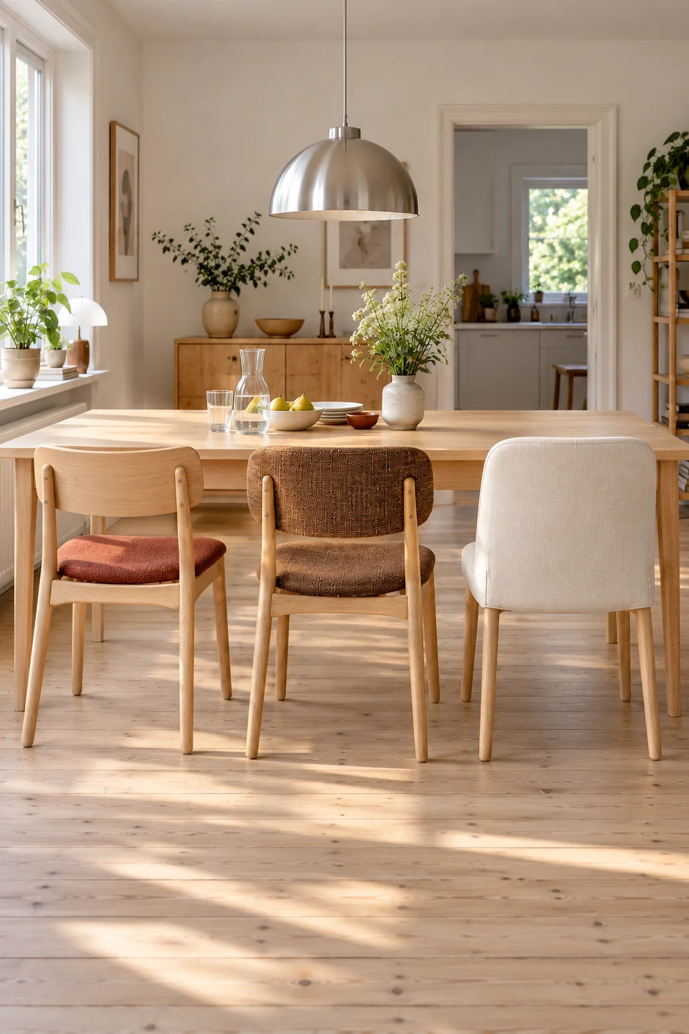 Three dining chair routes with a brick red pad tobacco upholstery and a soft white cover